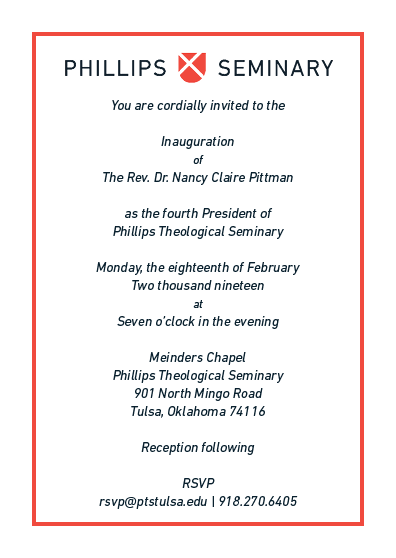 The public is invited to the inauguration of the fourth president for Phillips Theological Seminary, Feb. 18 at 7 p.m. in the Meinders Chapel on the seminary campus.
