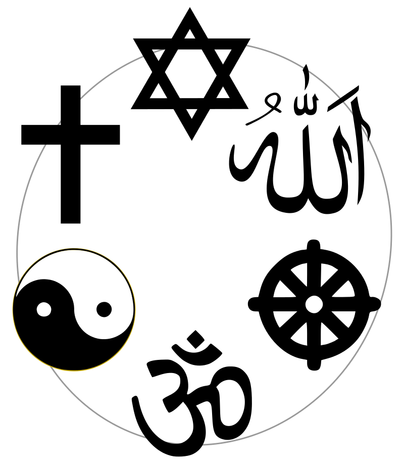 Symbols commonly associated with six of the religions labelled "world religions": clockwise from the top, these represent Judaism, Islam, Buddhism, Hinduism, Taoism, and Christianity