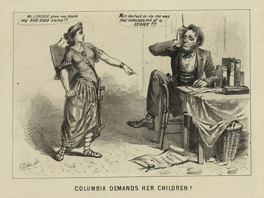 An impassioned attack on Abraham Lincoln and the human toll of the Union war effort. Columbia, wearing a liberty cap and a skirt made of an American flag, demands, "Mr. Lincoln, give me back my 500,000 sons!!!" At the right, Lincoln, unfazed, sits at a writing desk, his leg thrown over the chair back. A proclamation calling for "500 Thous. More Troops," signed by him, lies at his feet. He replies, "Well the fact is--by the way that reminds me of a Story!!!" The artist refers to the false report published by the "New York World" that Lincoln joked on the battlefield of Antietam.